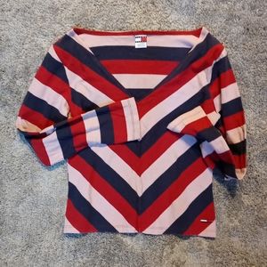 Women's Tommy Hilfiger Pink Red Blue Striped Long Sleeve V-neck Shirt Size XL